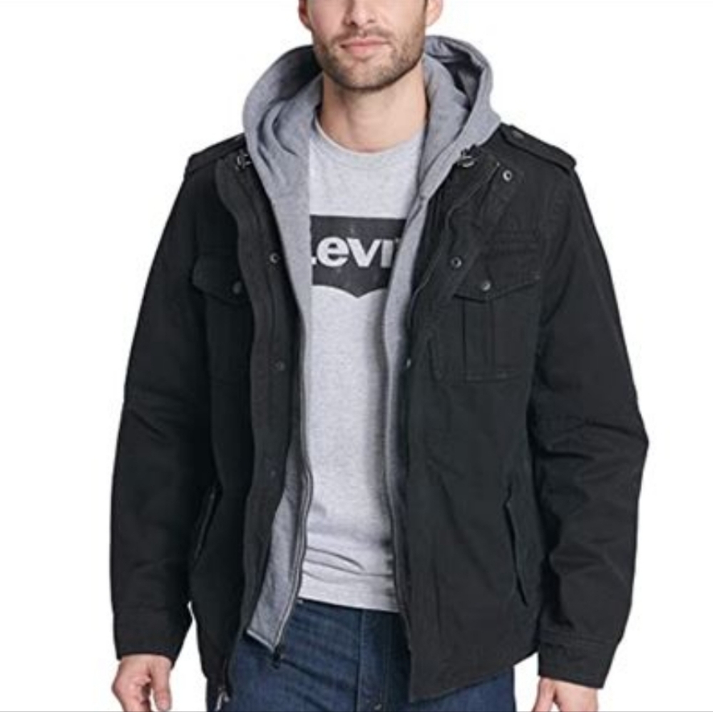 Levi's Men's Washed Cotton Hooded Military Jacket, Black, Large